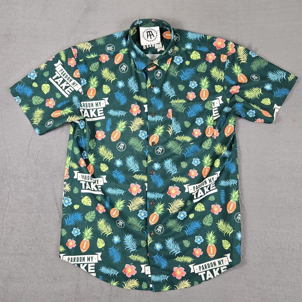 Barstool Sports Hawaiian Shirt‎ Mens Medium Green Floral Pardon My Take Football